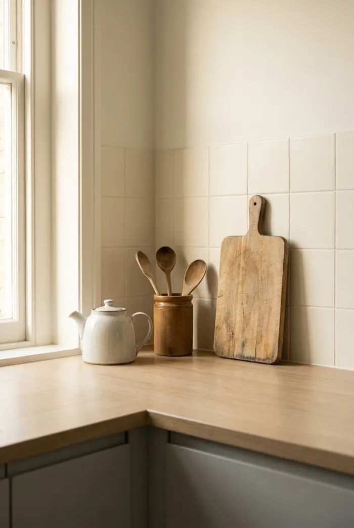 Small apartment kitchen counter holding only a kettle, utensil crock and cutting board