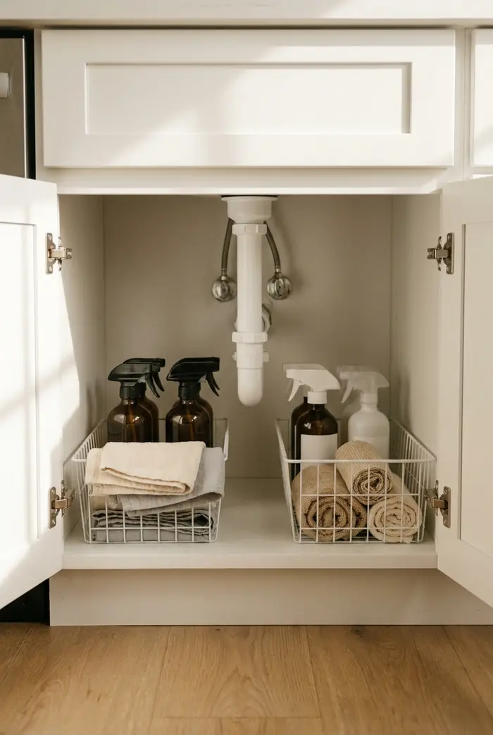 Open cabinet under a kitchen sink with wire baskets arranged either side of the drain pipe